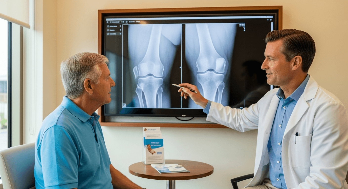 M&S specialist reviewing a patient's knee X-rays during a consultation in Forest Hills, Queens