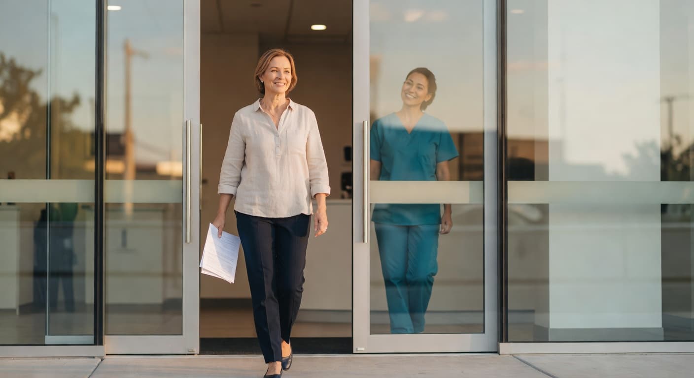 Relieved woman in her 40s leaving M&S Vascular clinic same-day after ovarian vein embolization for chronic pelvic pain